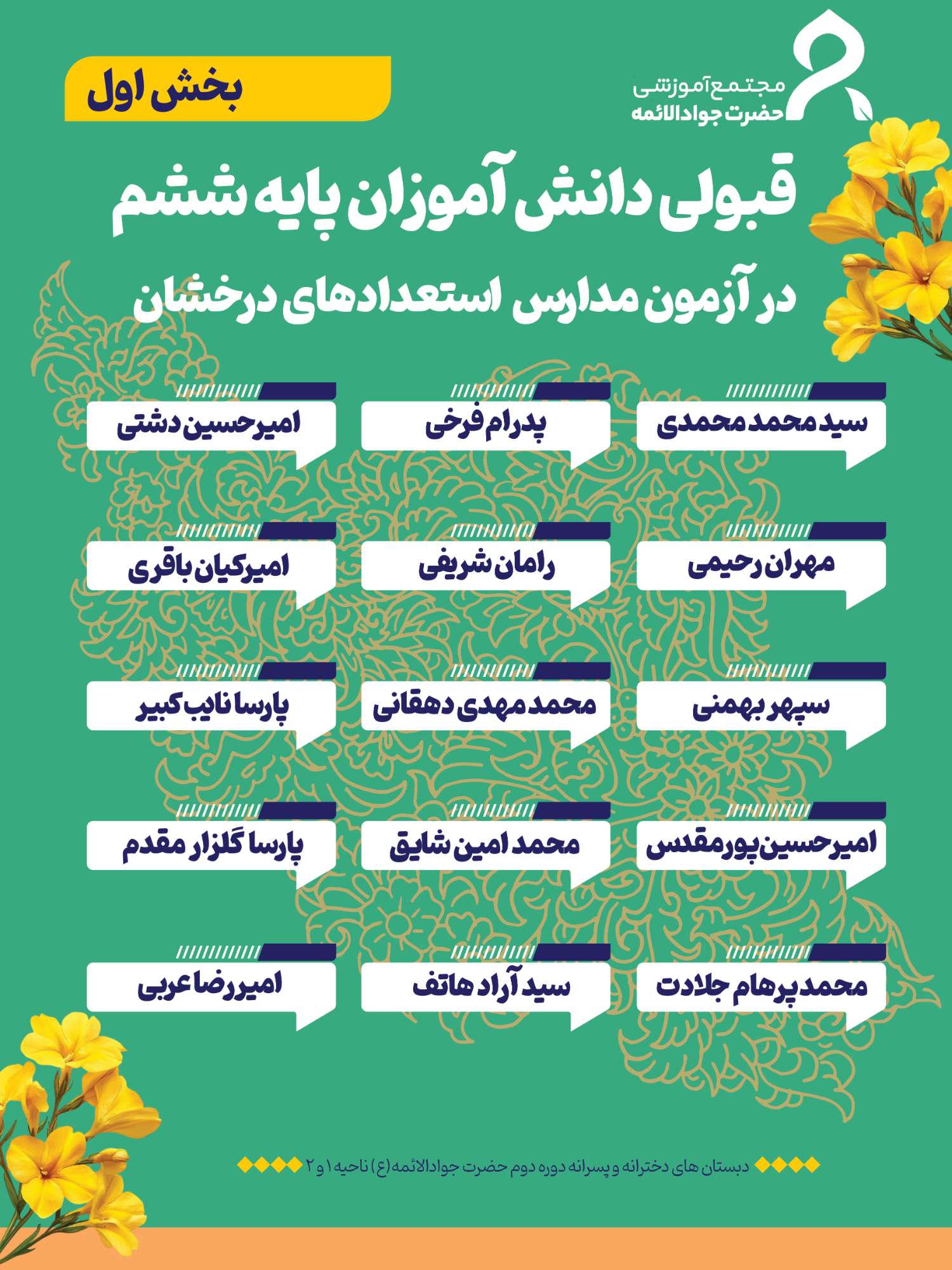 قبولی 43 نفر از دانش آموزان پایه ششم مجتمع آموزشی حضرت جوادالائمه (ع) در آزمون مدارس استعدادهای درخشان