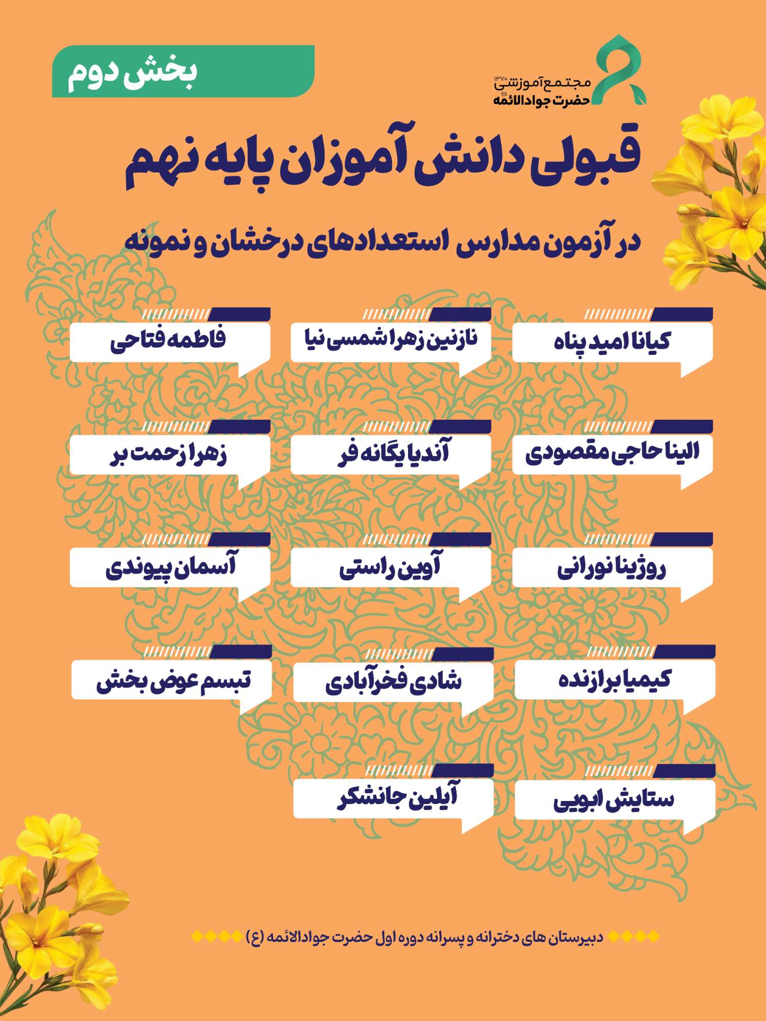 قبولی 31 نفر از دانش آموزان پایه نهم مجتمع آموزشی حضرت جوادالائمه (ع) در آزمون مدارس استعدادهای درخشان و نمونه